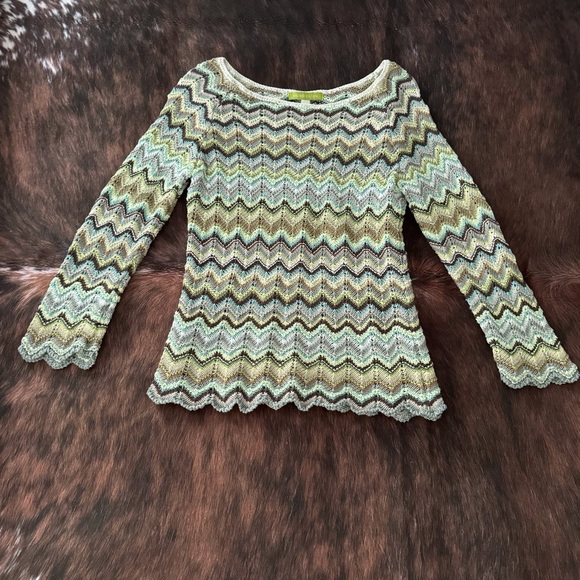 SIGRID OLSEN CHEVRON PATTERN KNIT LONG SLEEVE TOP PETITE SMALL EARTH TONES - Picture 1 of 7